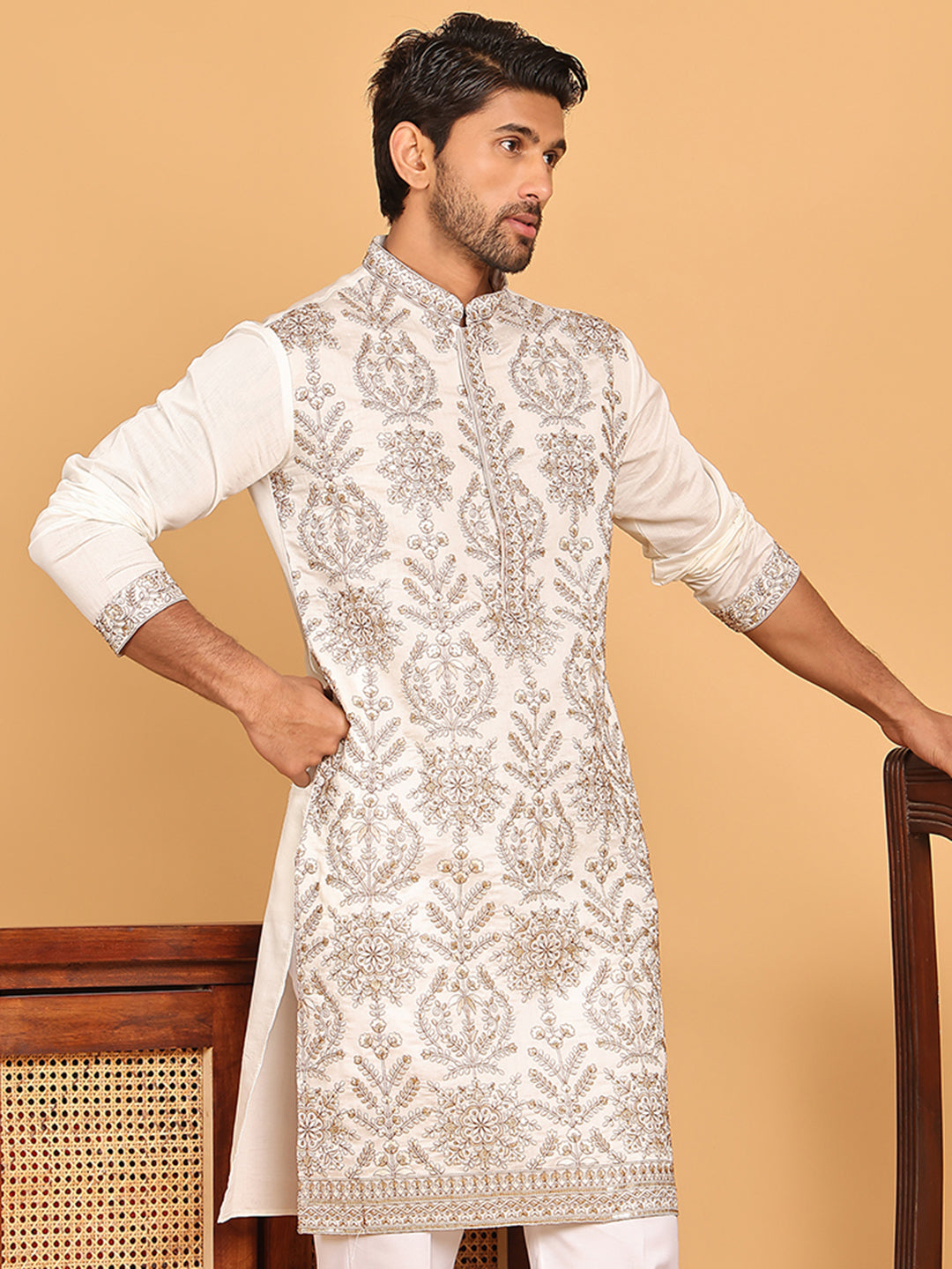 Embroidered Straight Kurtas For Men ( KO 5180 White )