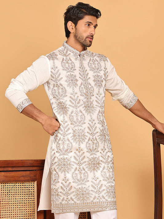 Embroidered Straight Kurtas For Men ( KO 5180 White )
