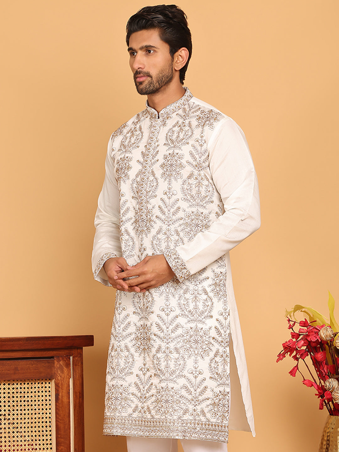 Embroidered Straight Kurtas For Men ( KO 5180 White )