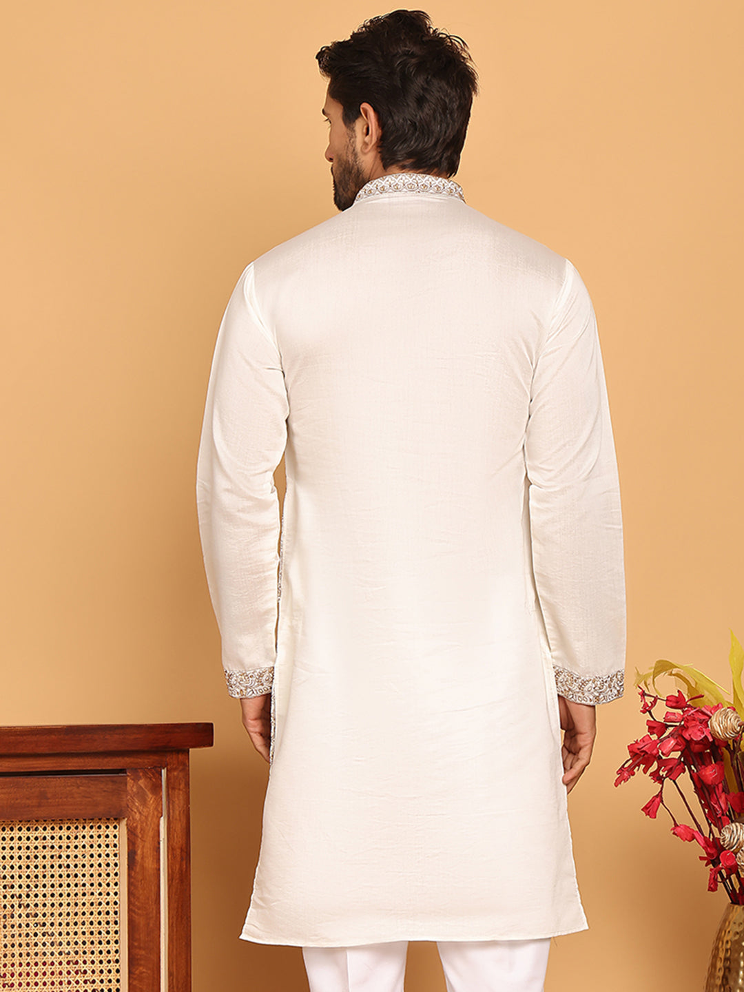 Embroidered Straight Kurtas For Men ( KO 5180 White )
