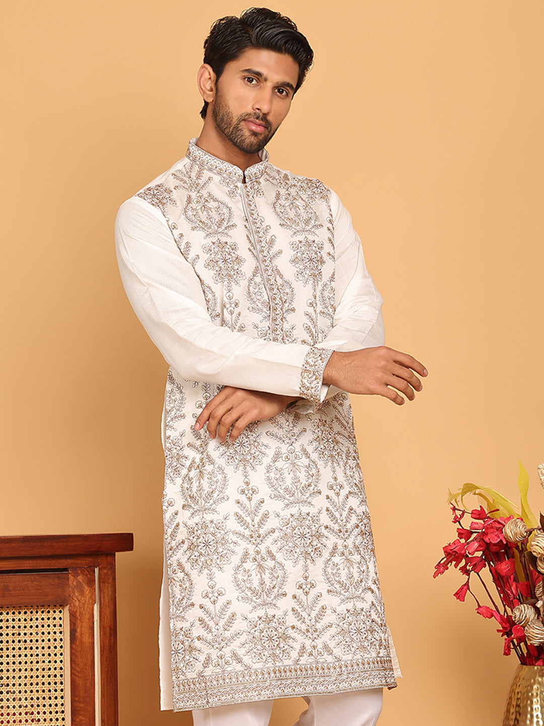 Embroidered Straight Kurtas For Men ( KO 5180 White )