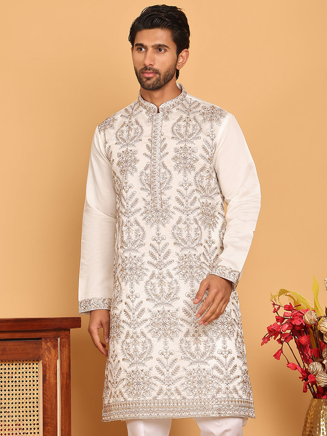 Embroidered Straight Kurtas For Men ( KO 5180 White )
