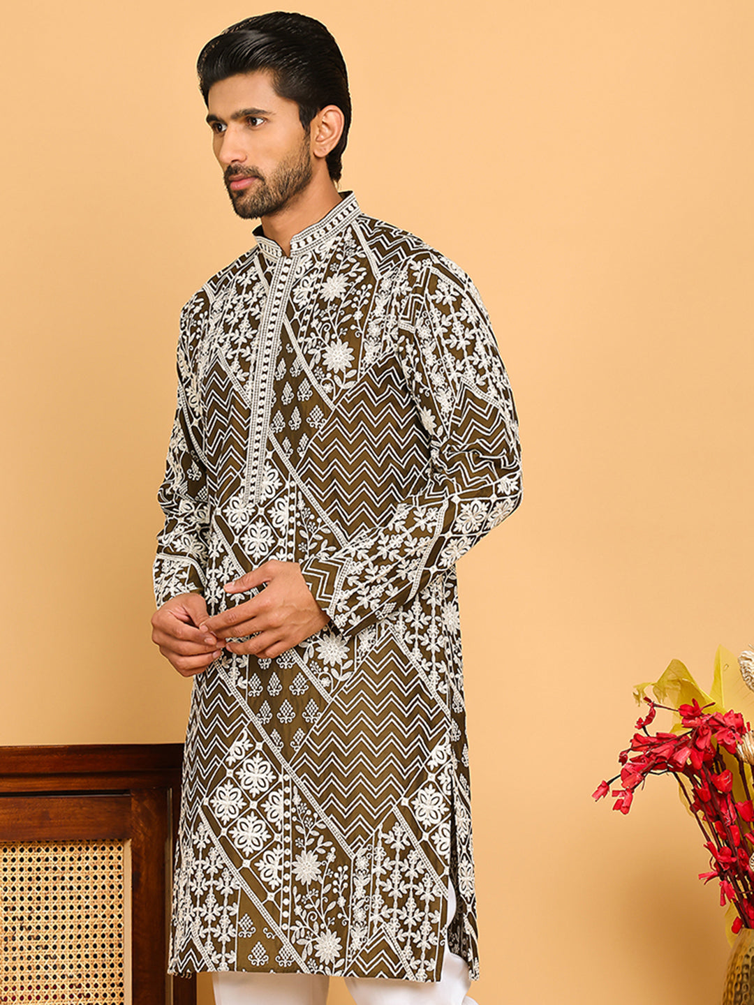 Floral Embroidery Silk Blend Kurtas for Men ( KO 5182 Mehndi )
