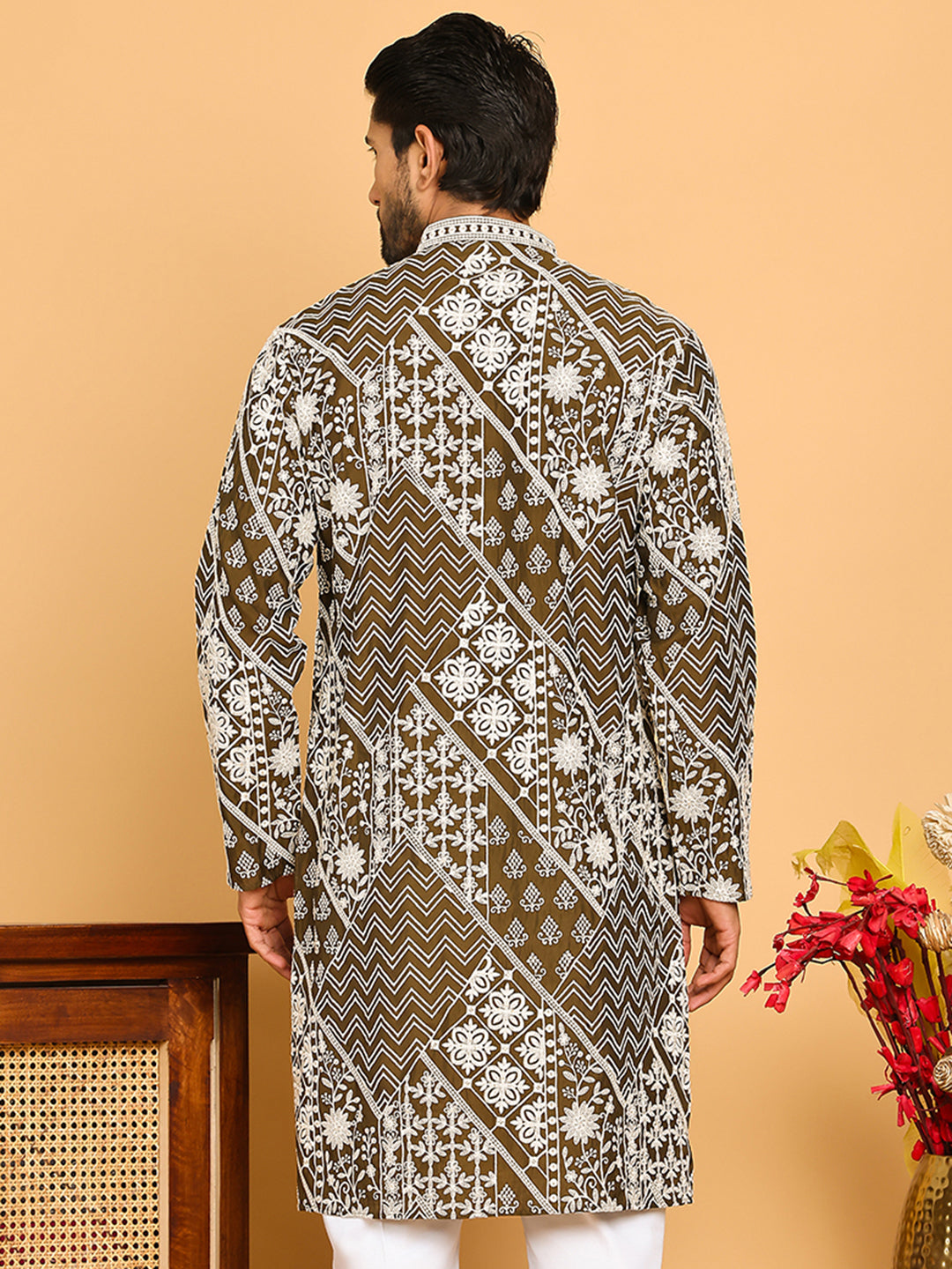 Floral Embroidery Silk Blend Kurtas for Men ( KO 5182 Mehndi )
