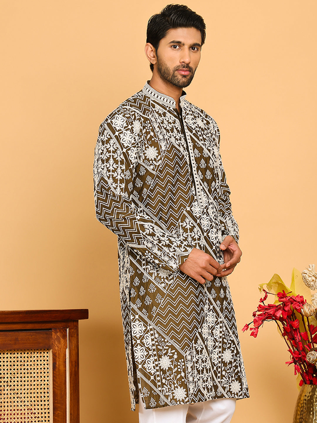 Floral Embroidery Silk Blend Kurtas for Men ( KO 5182 Mehndi )