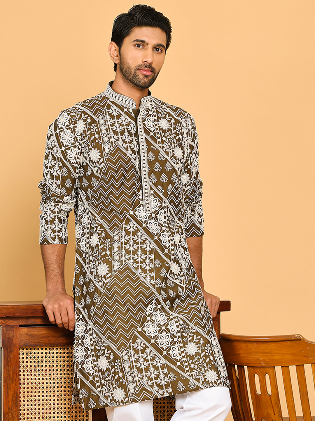 Floral Embroidery Silk Blend Kurtas for Men ( KO 5182 Mehndi )