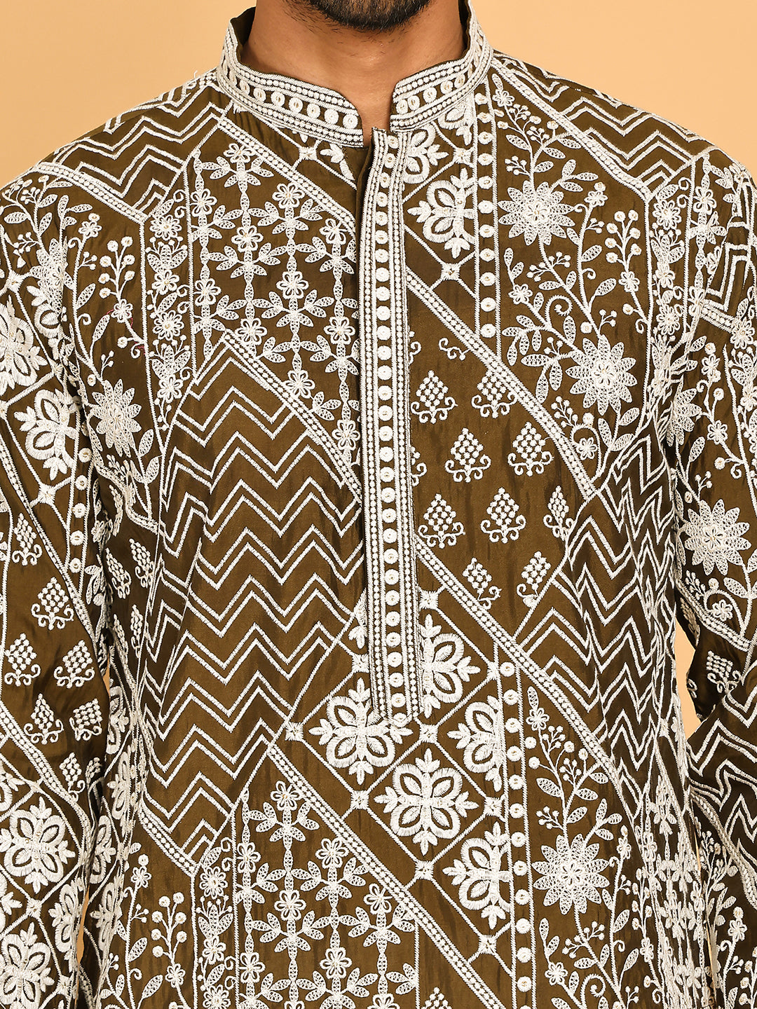 Floral Embroidery Silk Blend Kurtas for Men ( KO 5182 Mehndi )