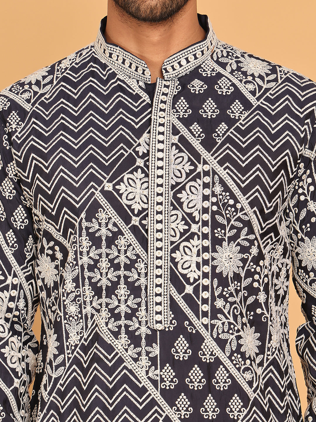 Floral Embroidery Silk Blend Kurtas for Men ( KO 5182 Navy )