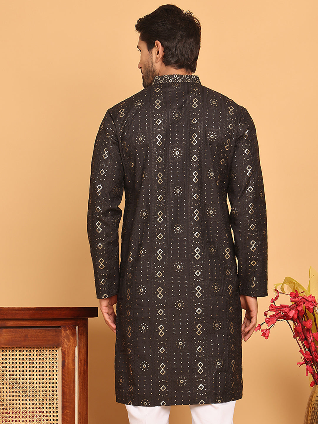 Men's Sequins Embroidered Kurtas. ( KO 5183 Black )