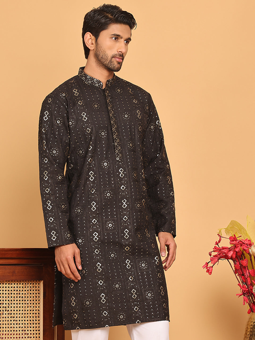 Men's Sequins Embroidered Kurtas. ( KO 5183 Black )