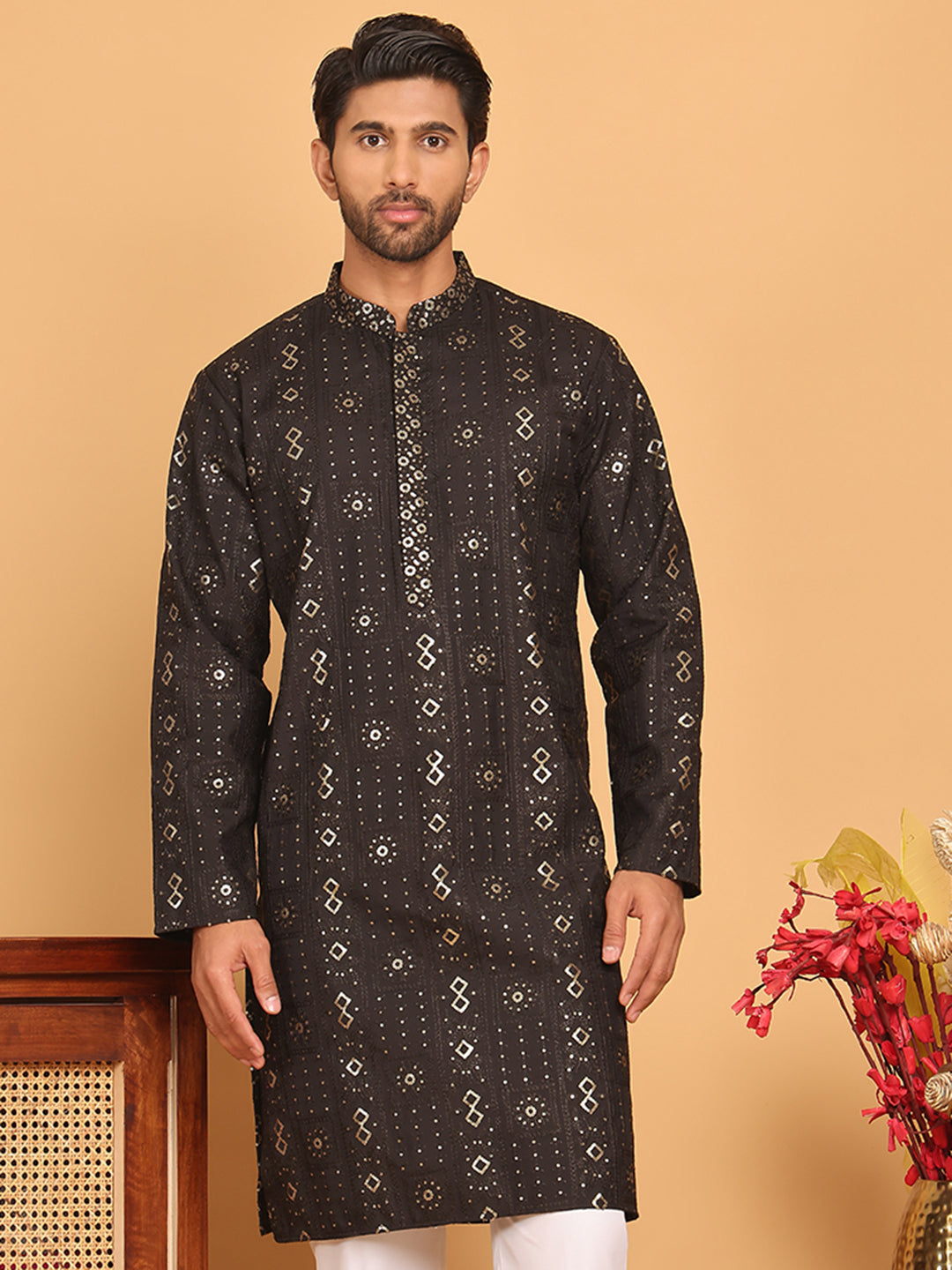 Men's Sequins Embroidered Kurtas. ( KO 5183 Black )