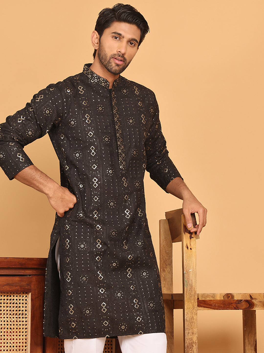 Men's Sequins Embroidered Kurtas. ( KO 5183 Black )