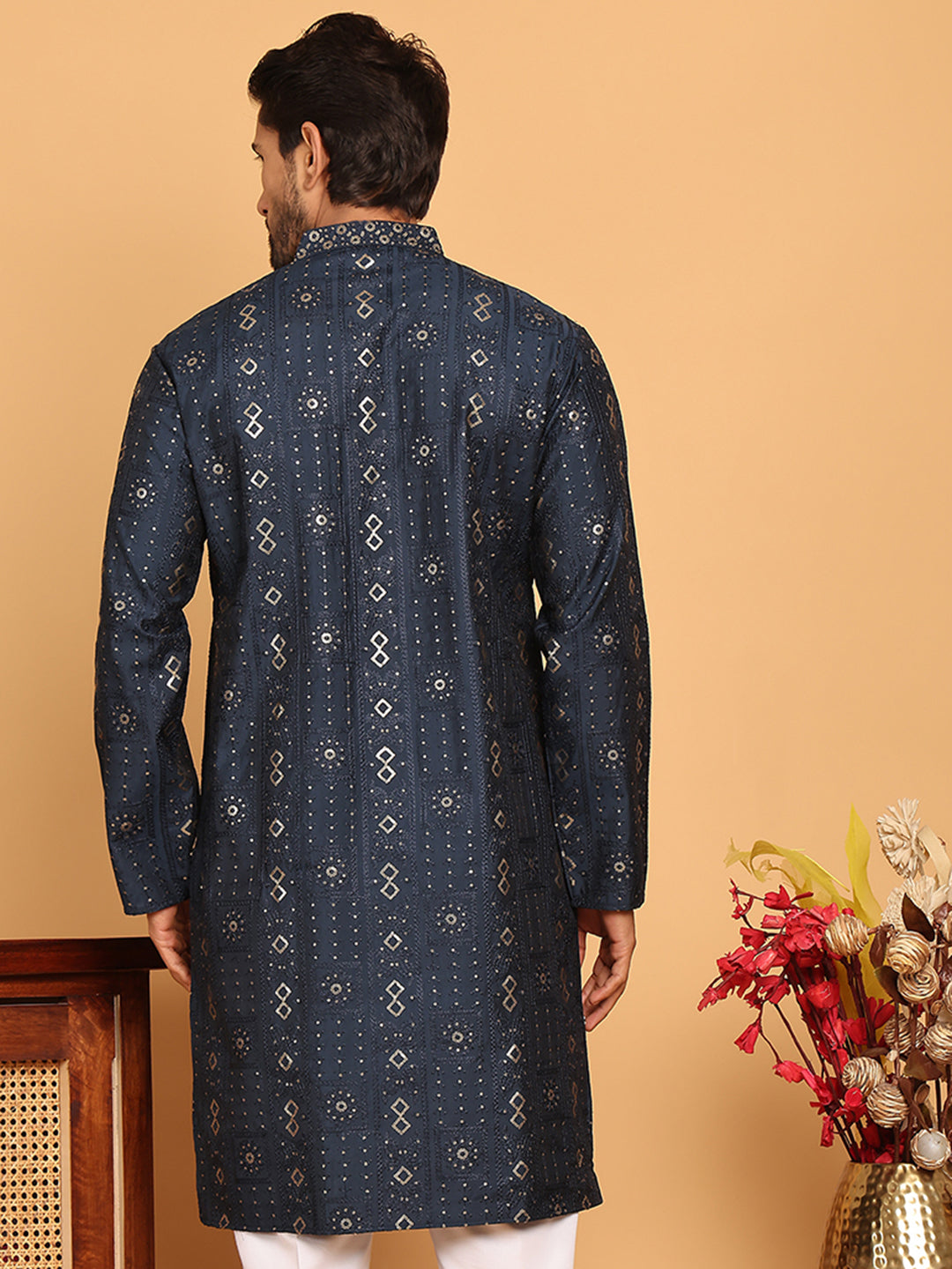 Men's Sequins Embroidered Kurtas. ( KO 5183 Navy )