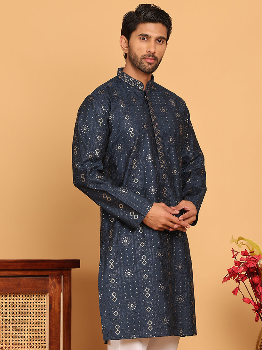 Men's Sequins Embroidered Kurtas. ( KO 5183 Navy )