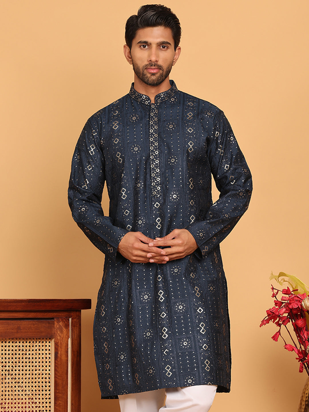 Men's Sequins Embroidered Kurtas. ( KO 5183 Navy )