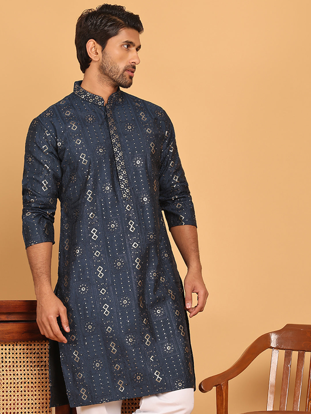 Men's Sequins Embroidered Kurtas. ( KO 5183 Navy )
