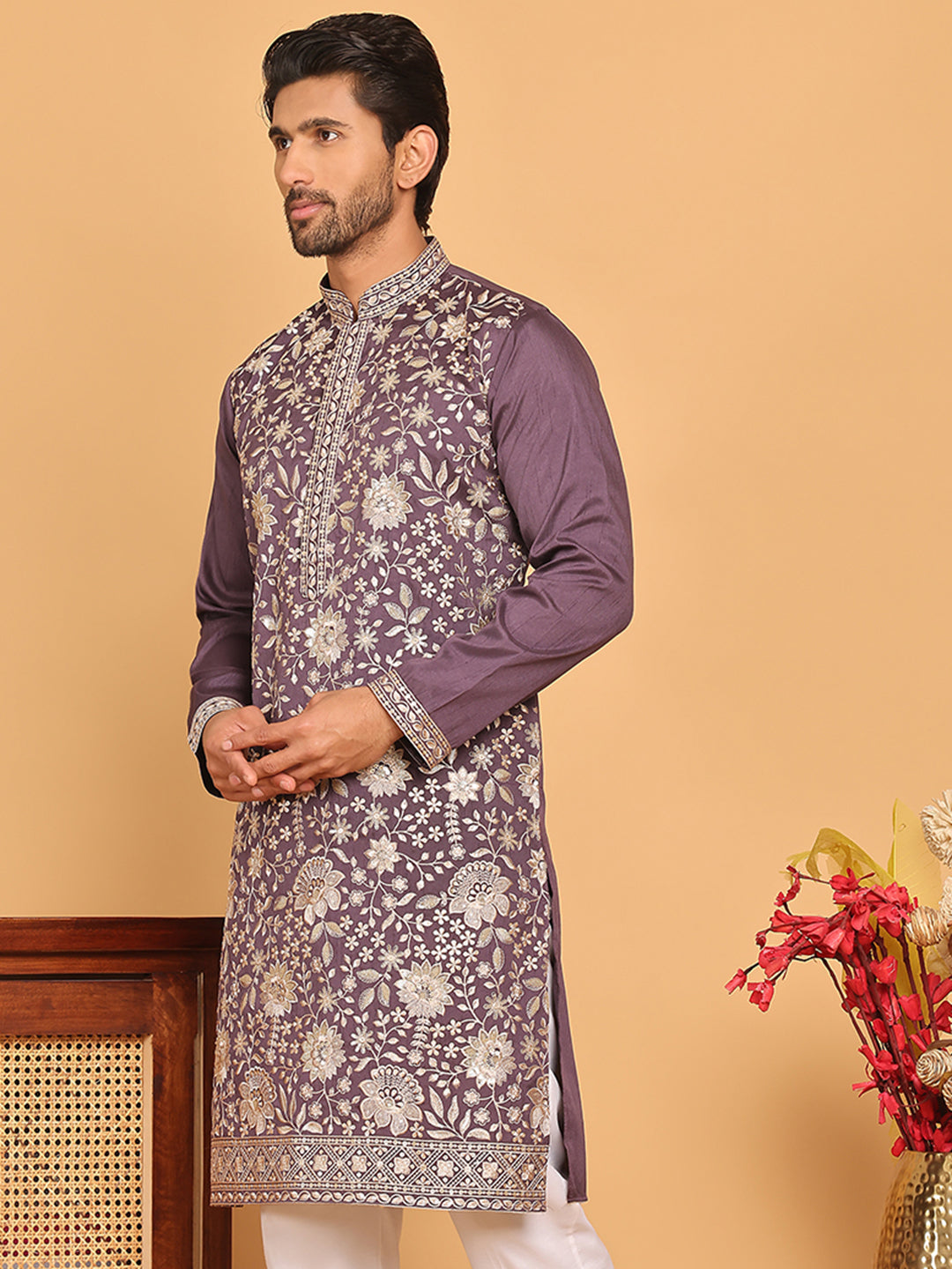 Embroidered Straight Kurtas For Men ( KO 5184 Purple )