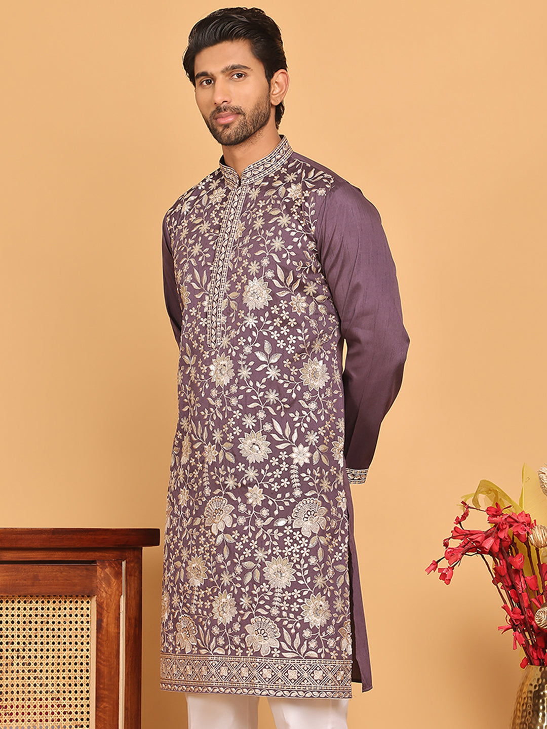 Embroidered Straight Kurtas For Men ( KO 5184 Purple )