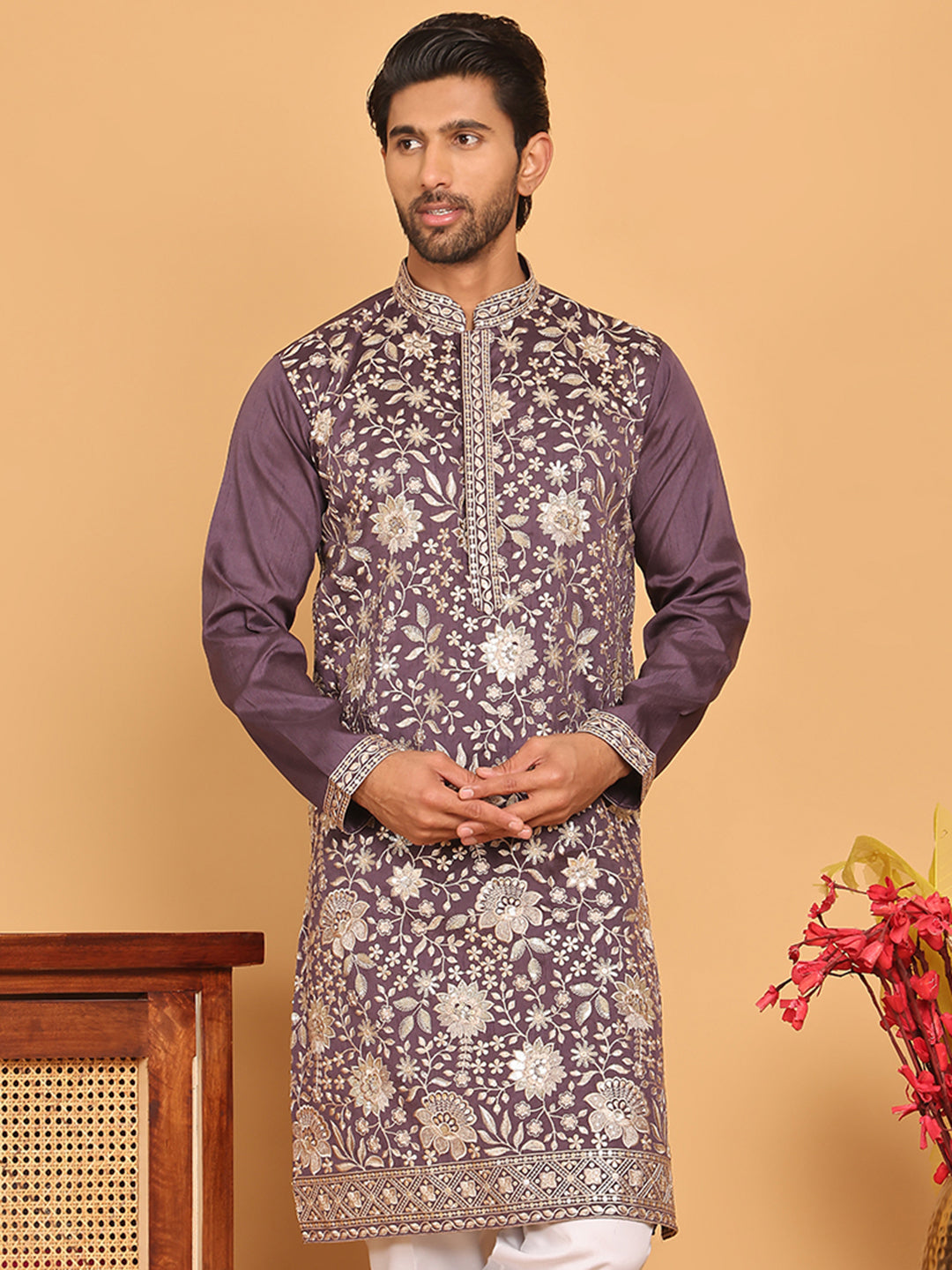 Embroidered Straight Kurtas For Men ( KO 5184 Purple )