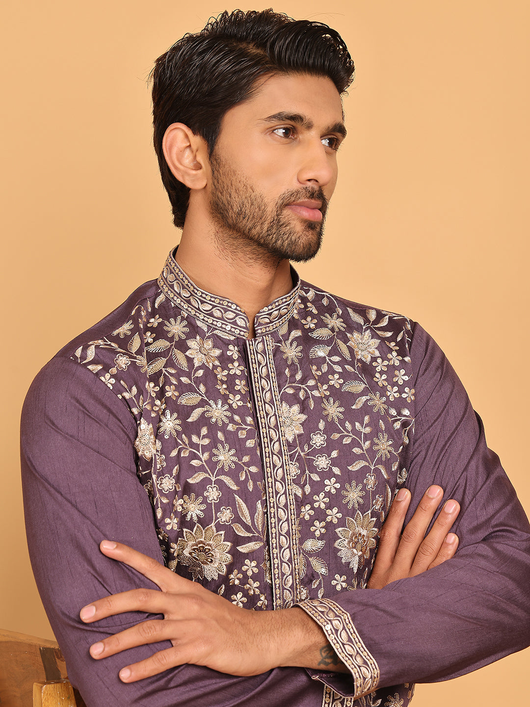 Embroidered Straight Kurtas For Men ( KO 5184 Purple )