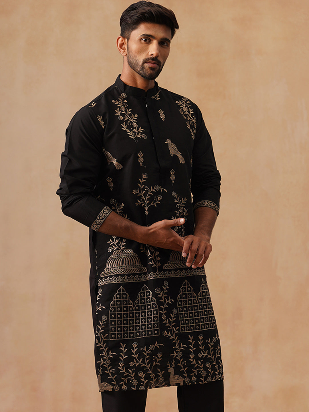 Embroidered Straight Kurta For Men (KO 5185 Black ) [FF] [N-4]
