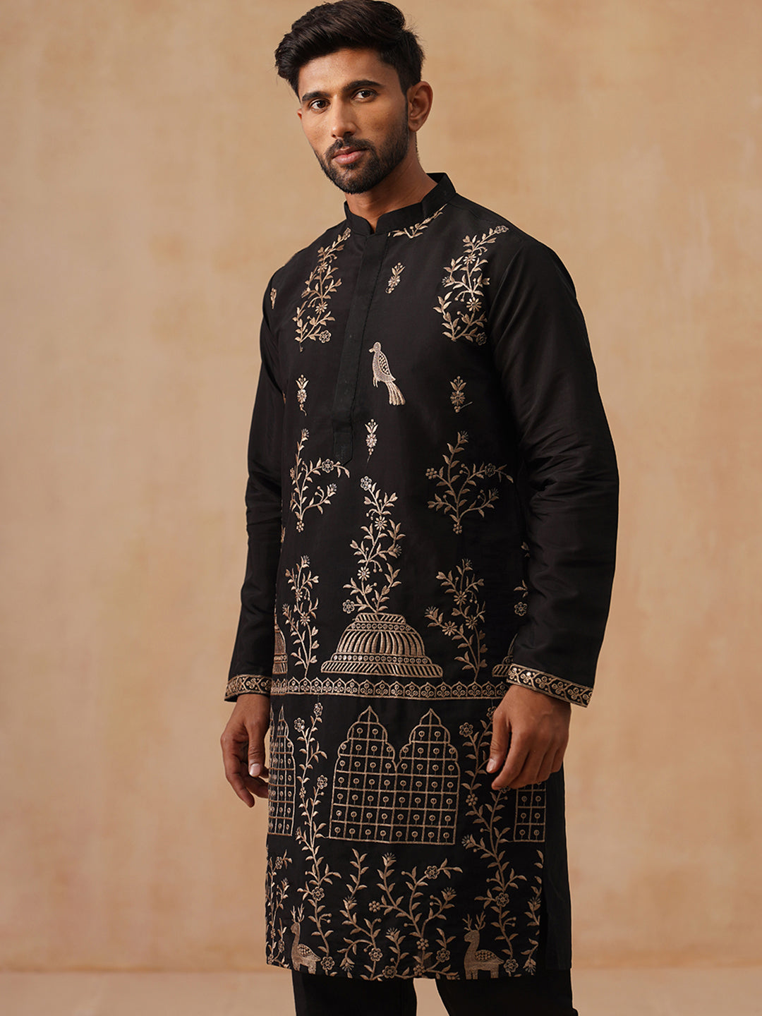 Embroidered Straight Kurta For Men (KO 5185 Black ) [FF] [N-4]