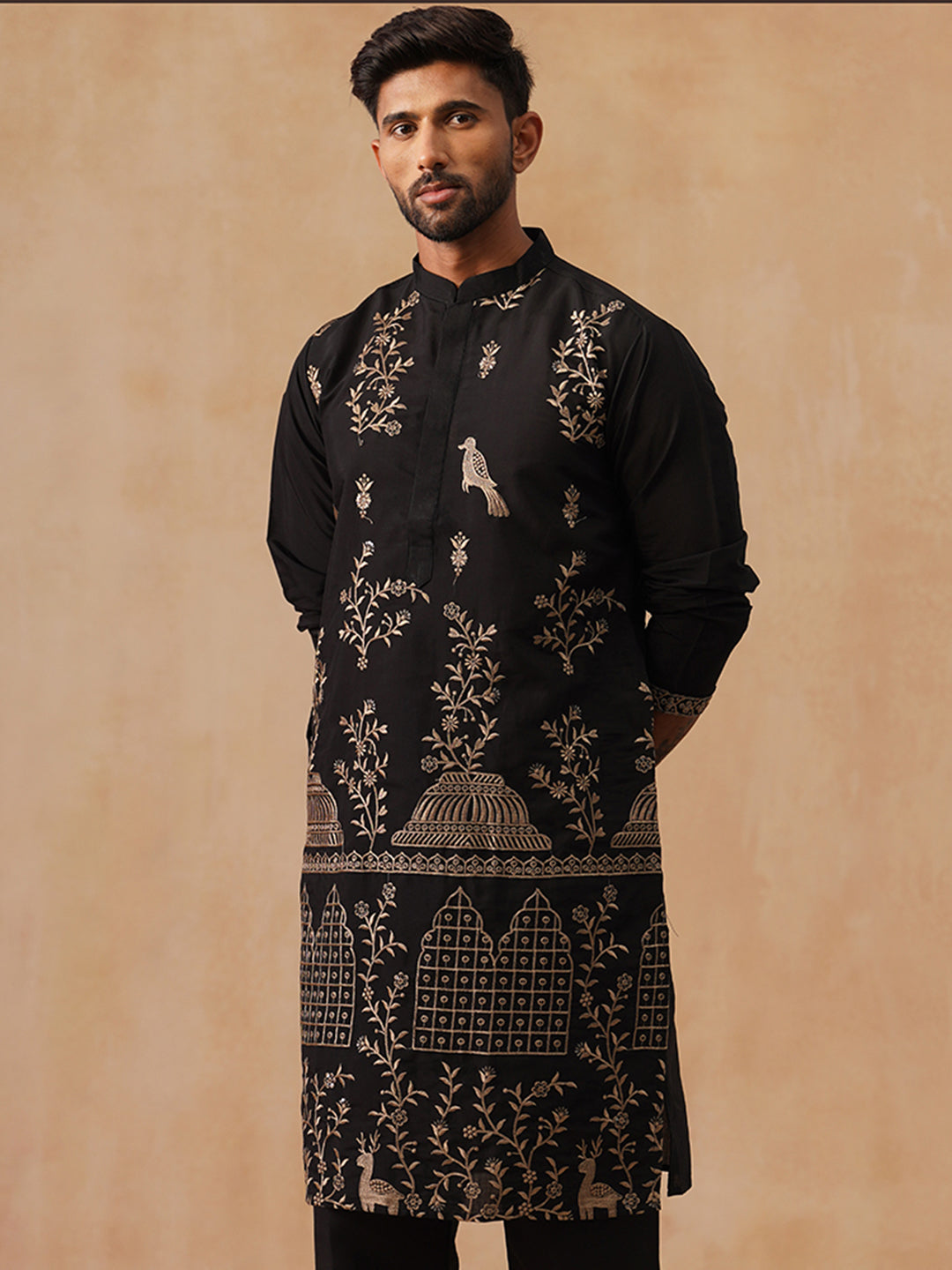 Embroidered Straight Kurta For Men (KO 5185 Black ) [FF] [N-4]