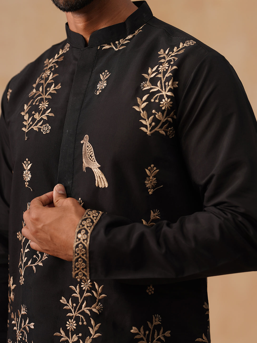 Embroidered Straight Kurta For Men (KO 5185 Black ) [FF] [N-4]