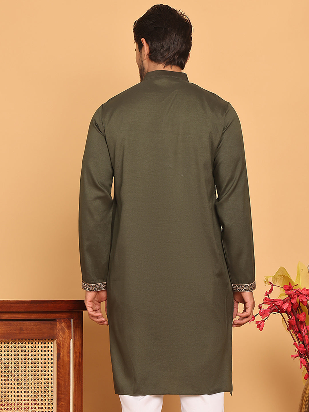 Embroidered Straight Kurtas For Men ( KO 5185 Olive )