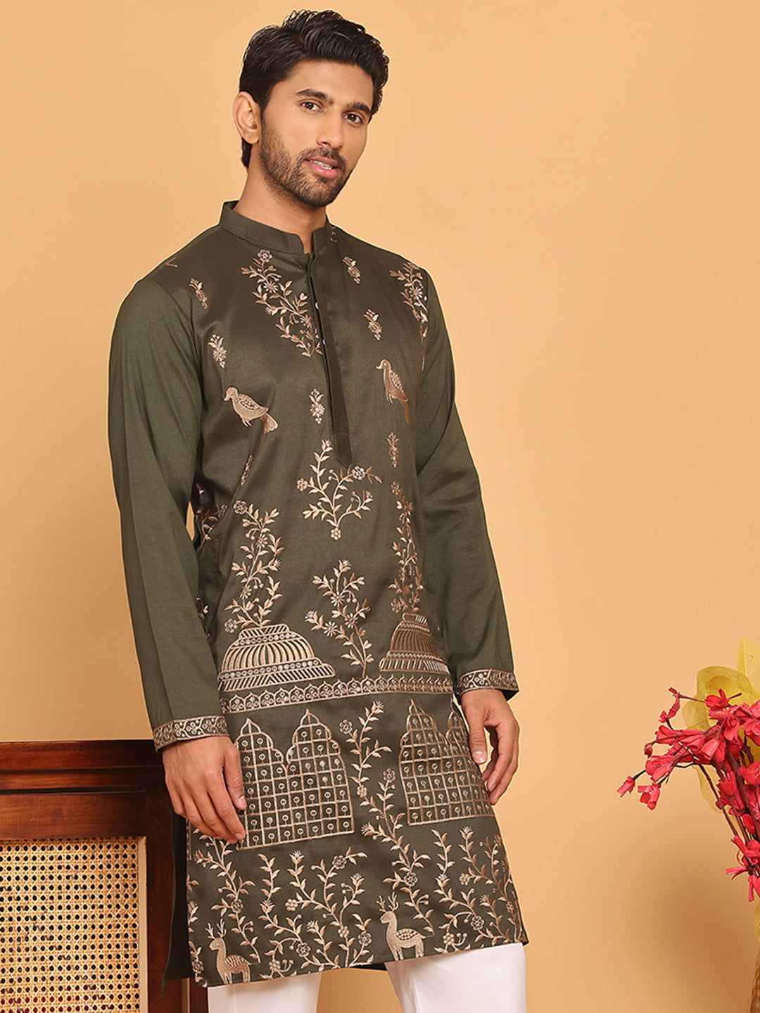 Embroidered Straight Kurtas For Men ( KO 5185 Olive )