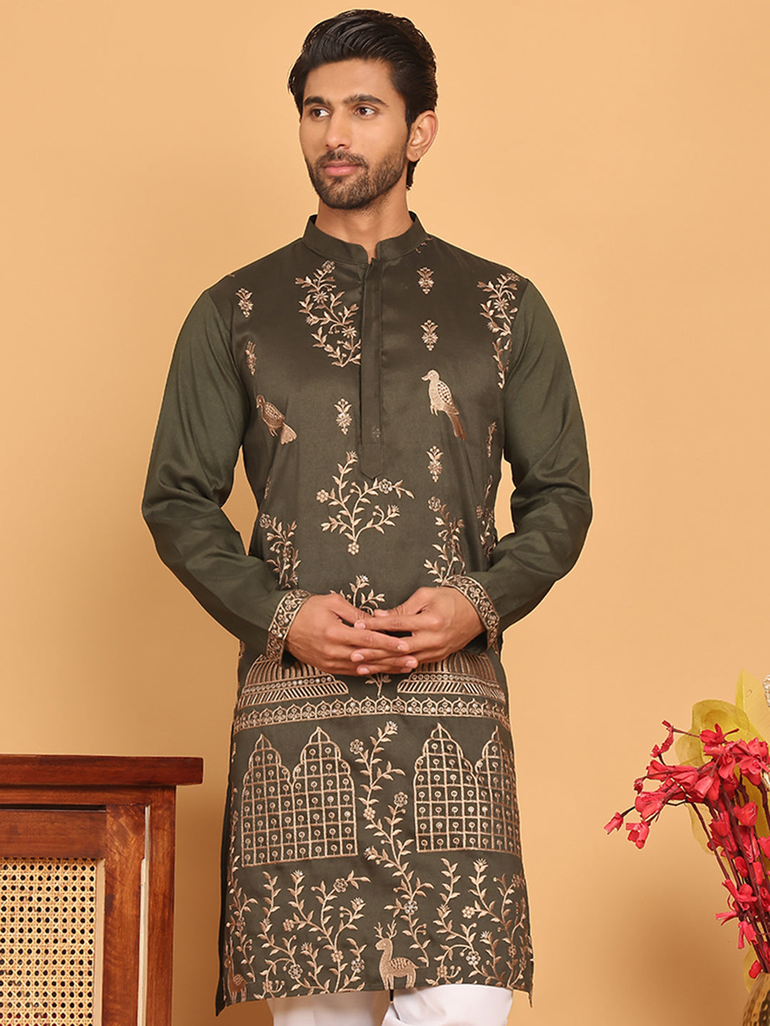 Embroidered Straight Kurtas For Men ( KO 5185 Olive )