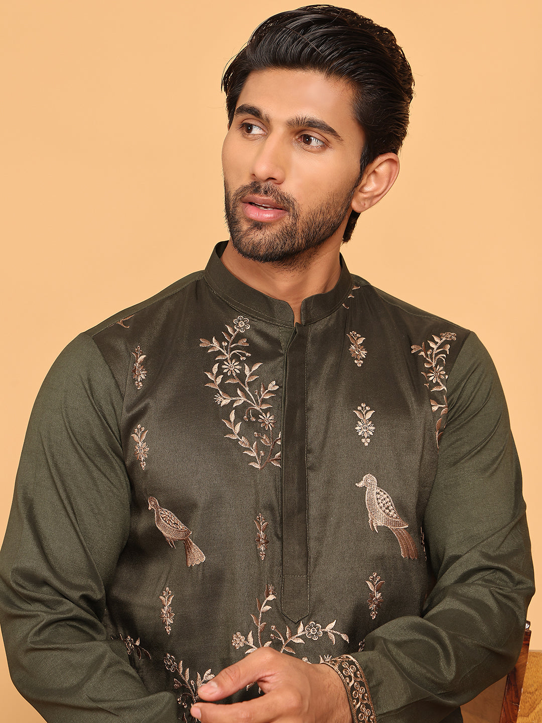 Embroidered Straight Kurtas For Men ( KO 5185 Olive )