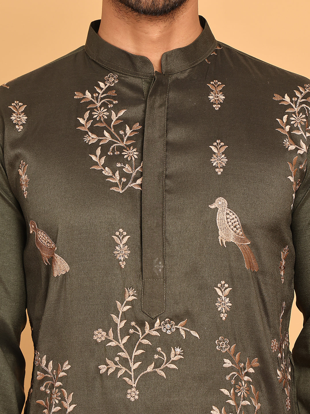 Embroidered Straight Kurtas For Men ( KO 5185 Olive )