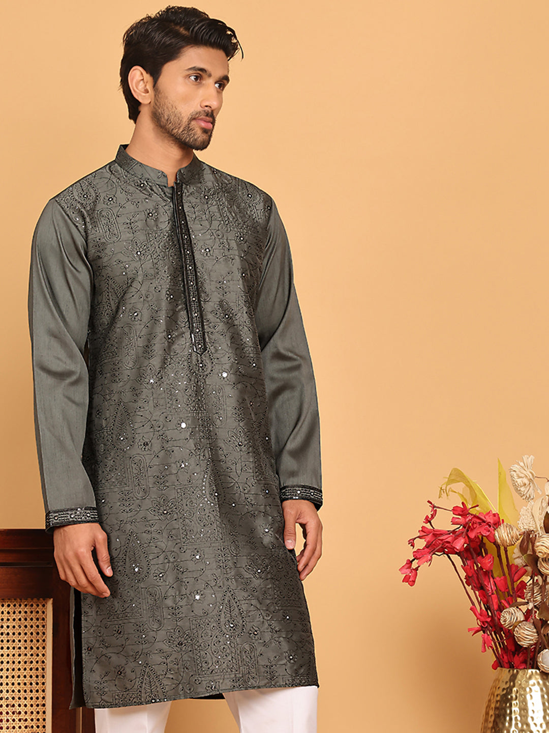 Embroidered & Sequins straight Kurtas ( KO 5189 Grey )