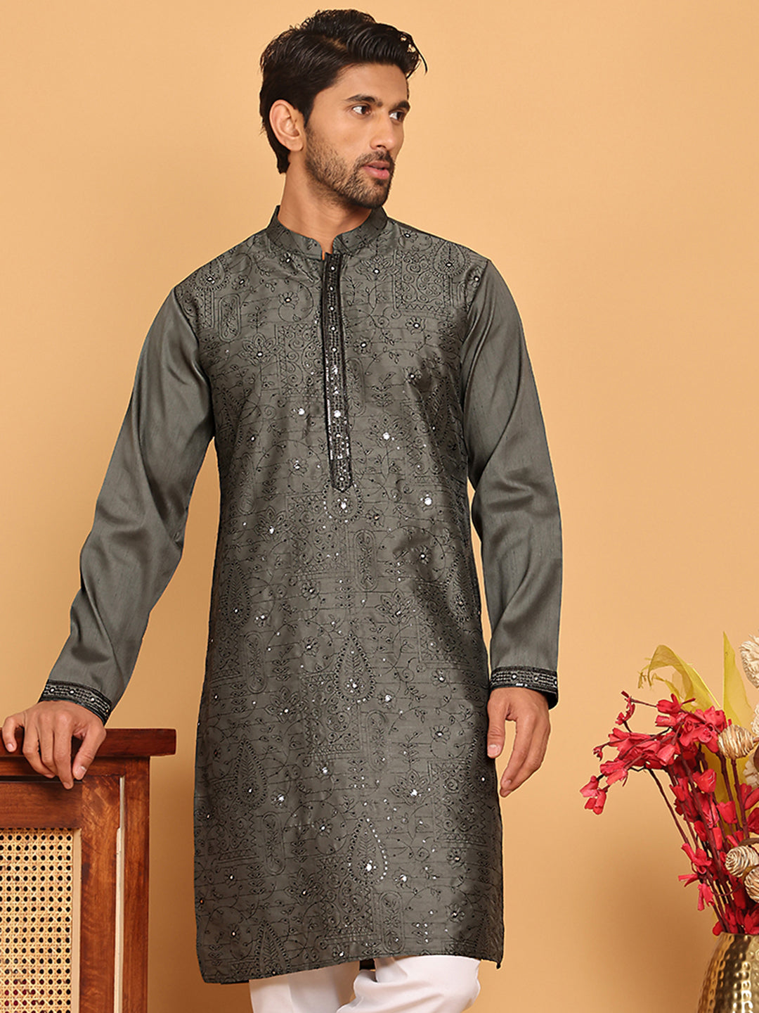 Embroidered & Sequins straight Kurtas ( KO 5189 Grey )
