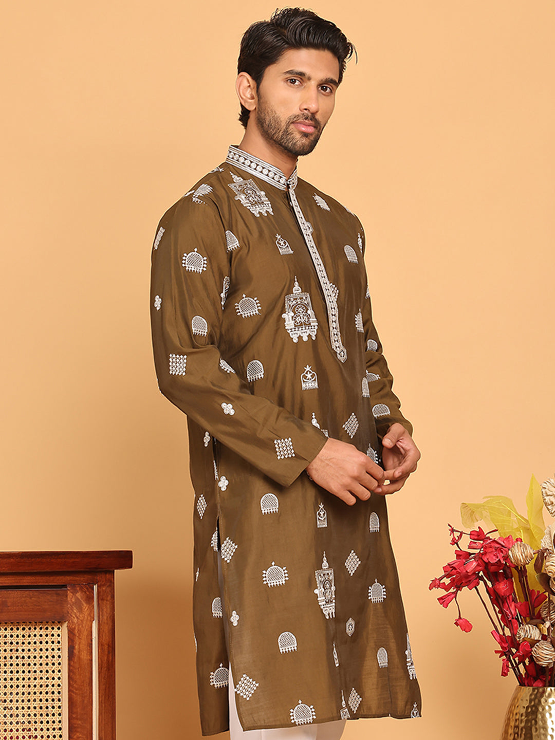Embroidered Silk Blend Kurtas ( KO 5191 Mehndi )