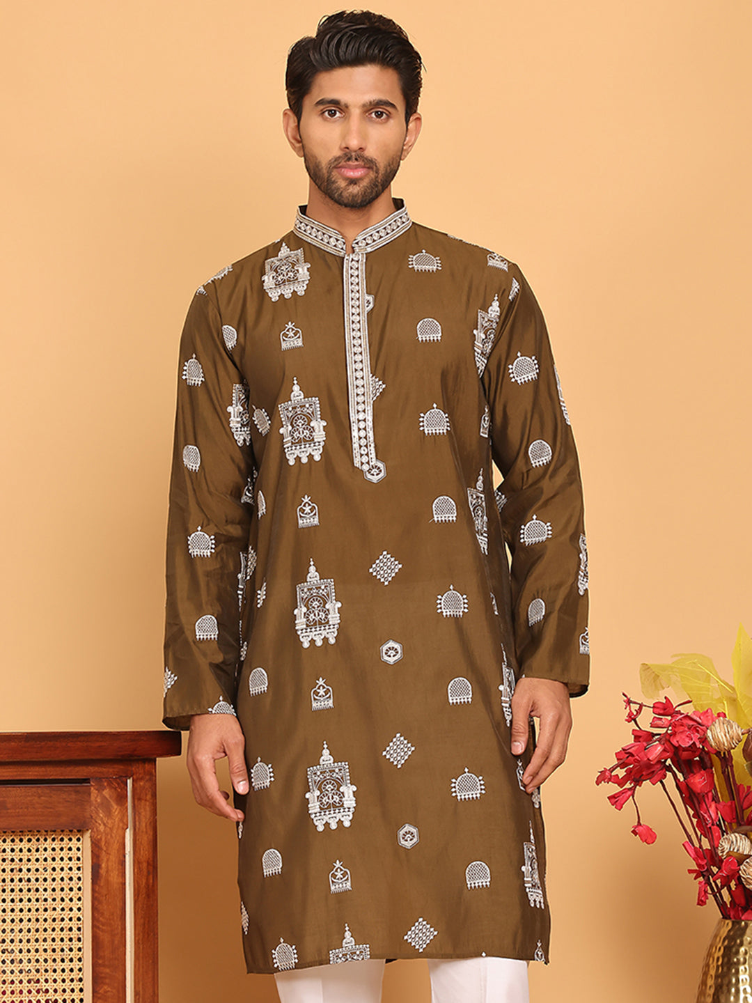 Embroidered Silk Blend Kurtas ( KO 5191 Mehndi )