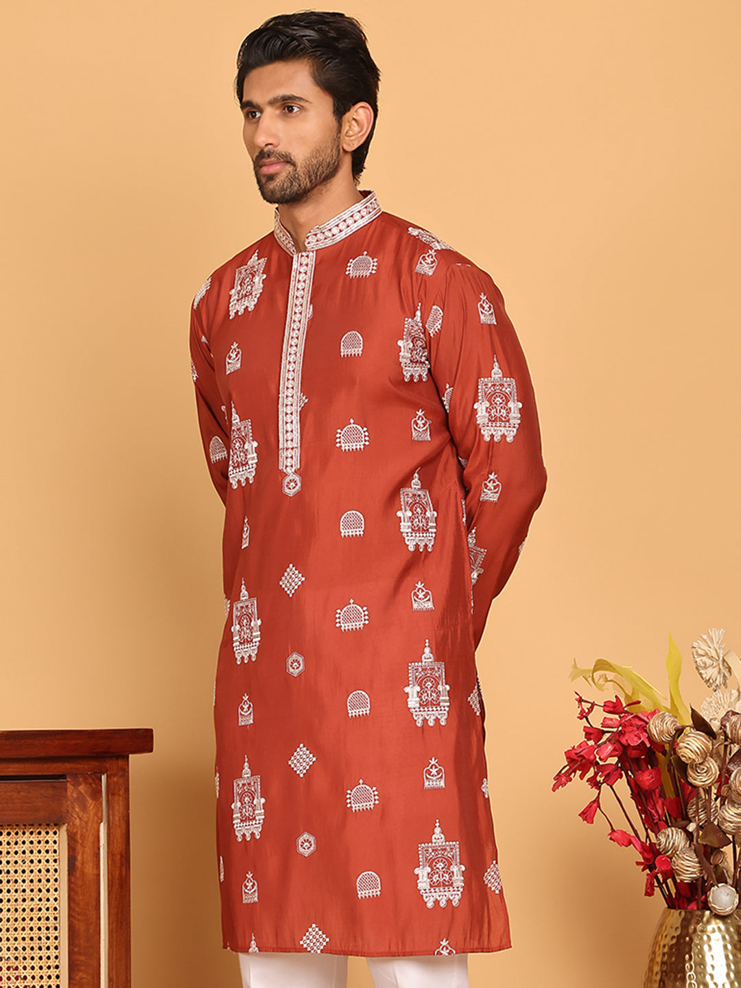 Embroidered Silk Blend Kurtas ( KO 5191 Rust )