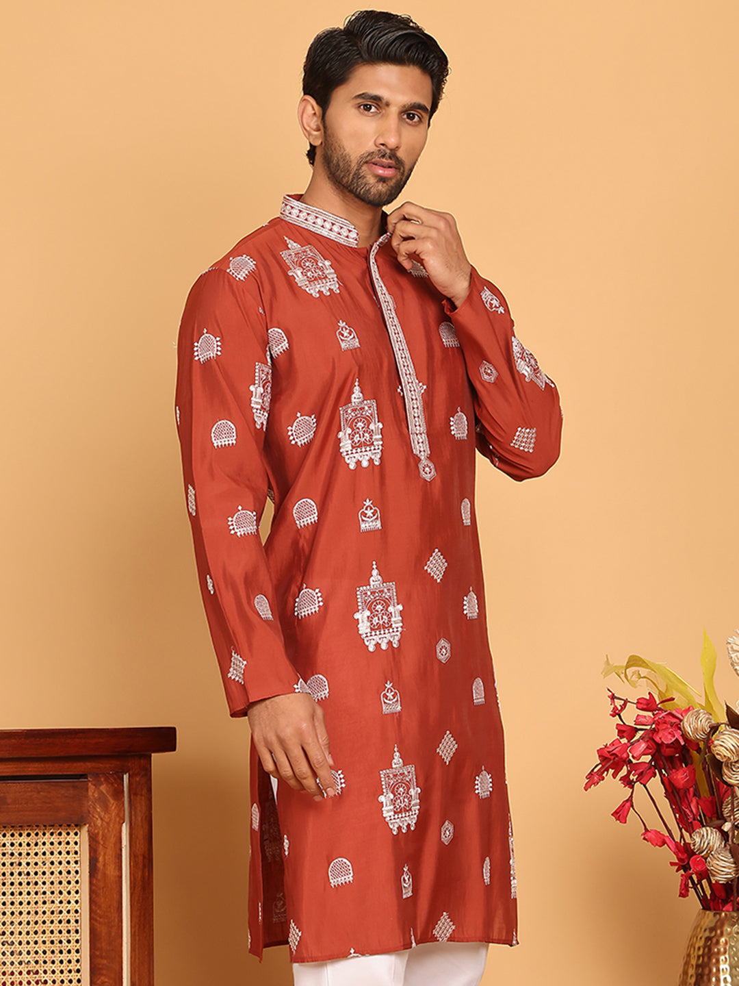 Embroidered Silk Blend Kurtas ( KO 5191 Rust )