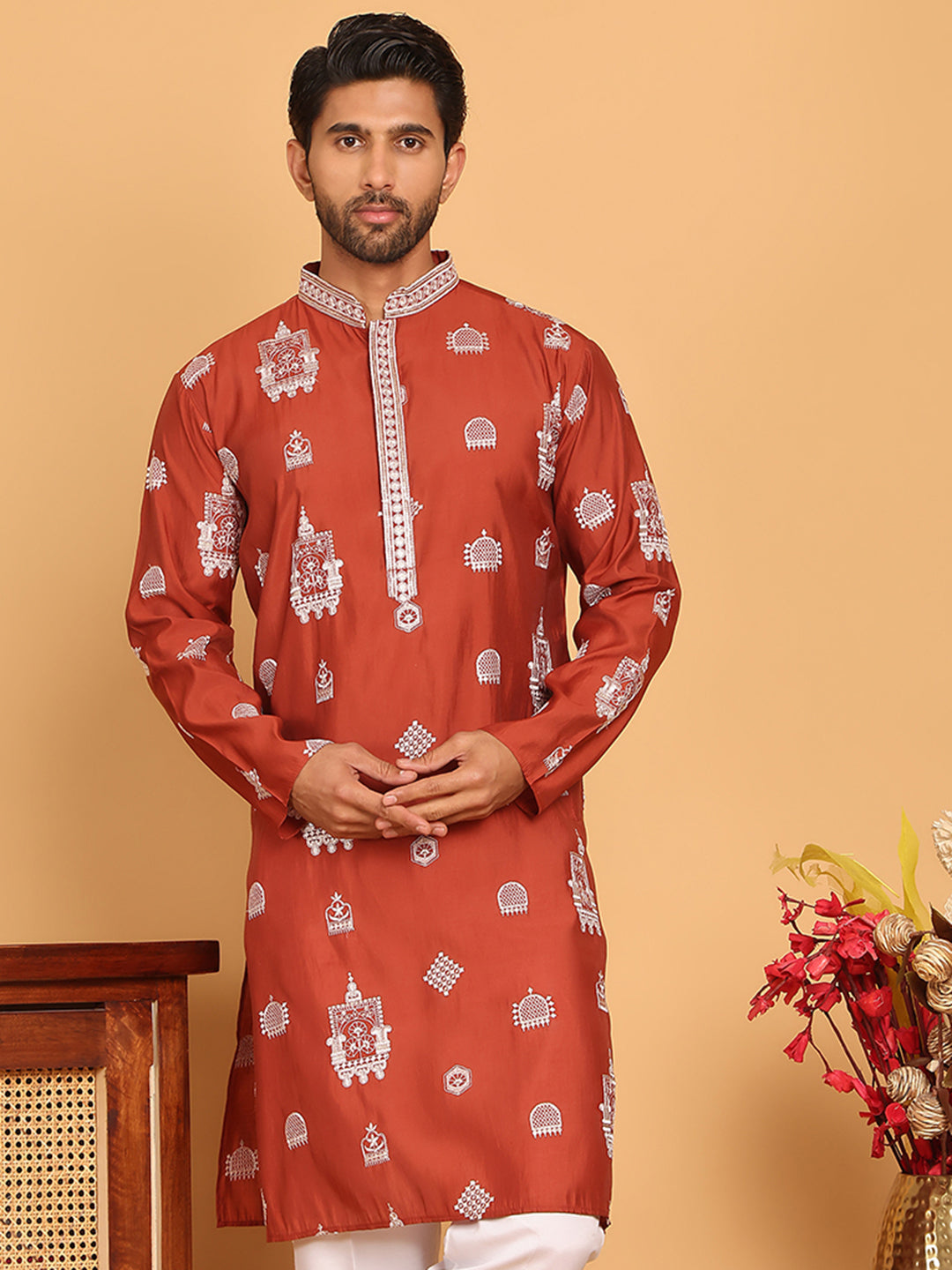 Embroidered Silk Blend Kurtas ( KO 5191 Rust )