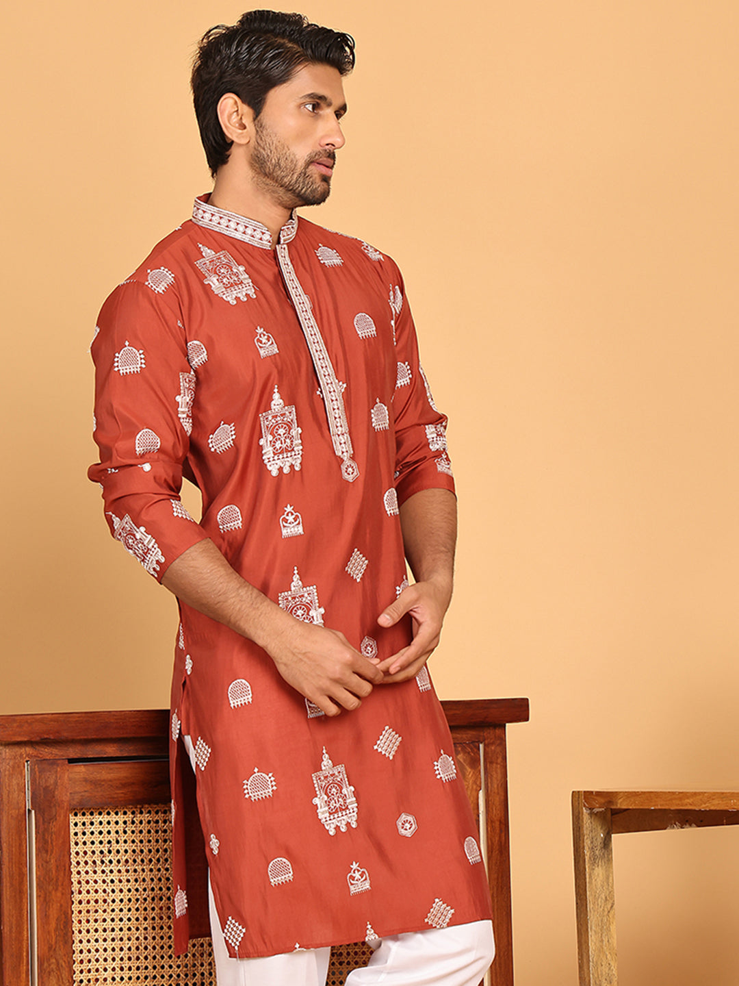 Embroidered Silk Blend Kurtas ( KO 5191 Rust )