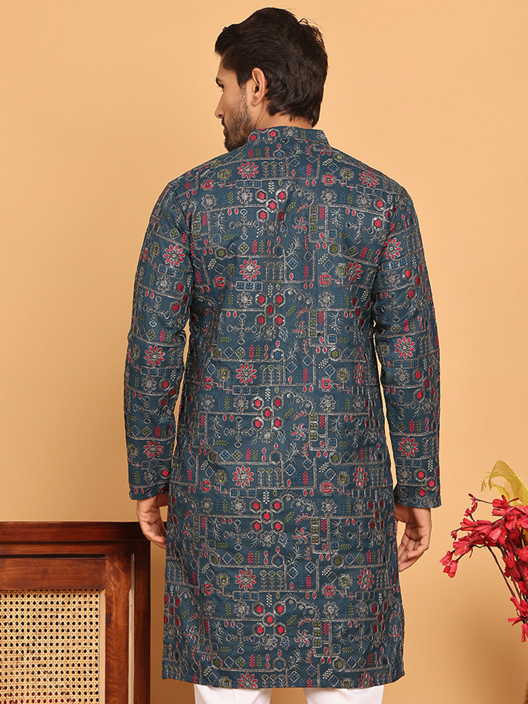 Blue Embroidered Straight Kurtas For Men ( KO 5192 Teal )