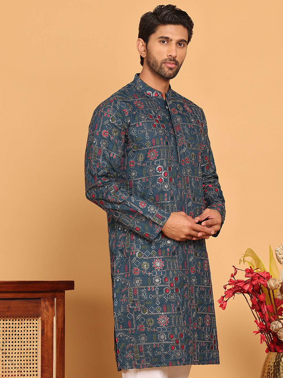 Blue Embroidered Straight Kurtas For Men ( KO 5192 Teal )
