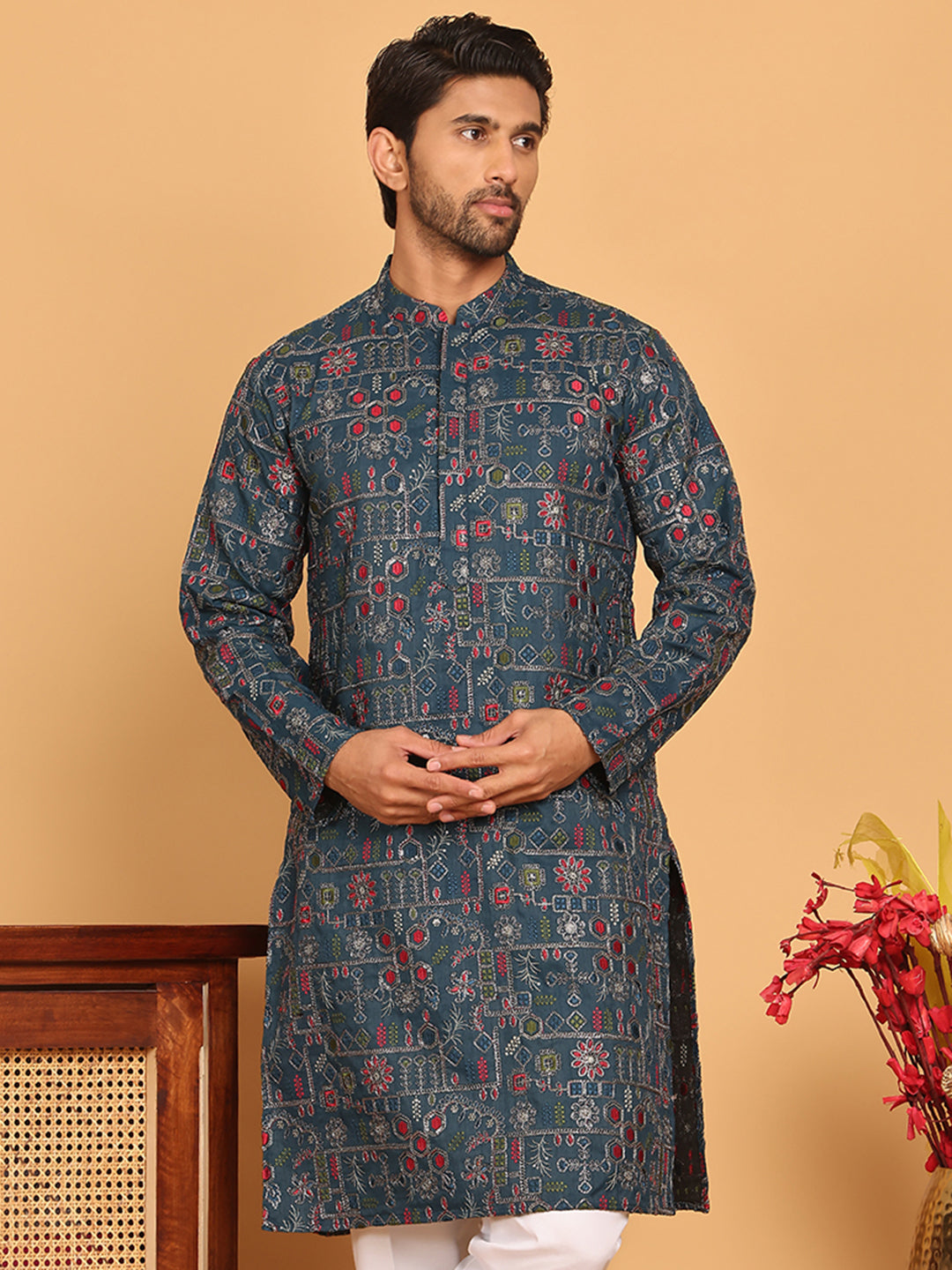 Blue Embroidered Straight Kurtas For Men ( KO 5192 Teal )