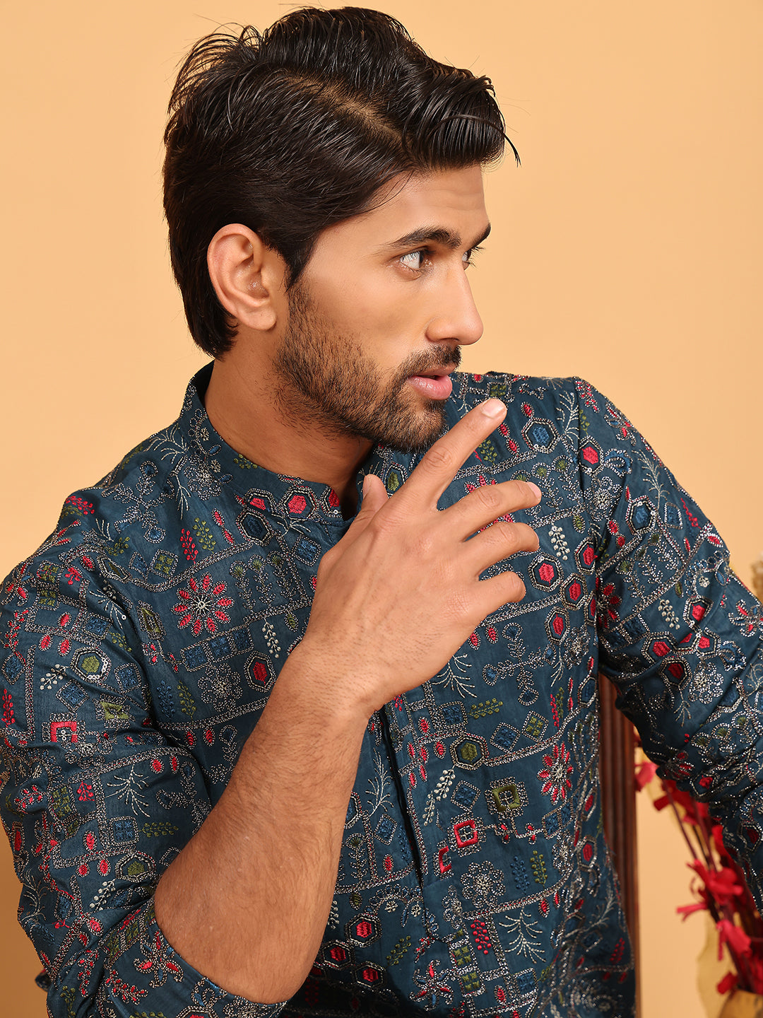 Blue Embroidered Straight Kurtas For Men ( KO 5192 Teal )