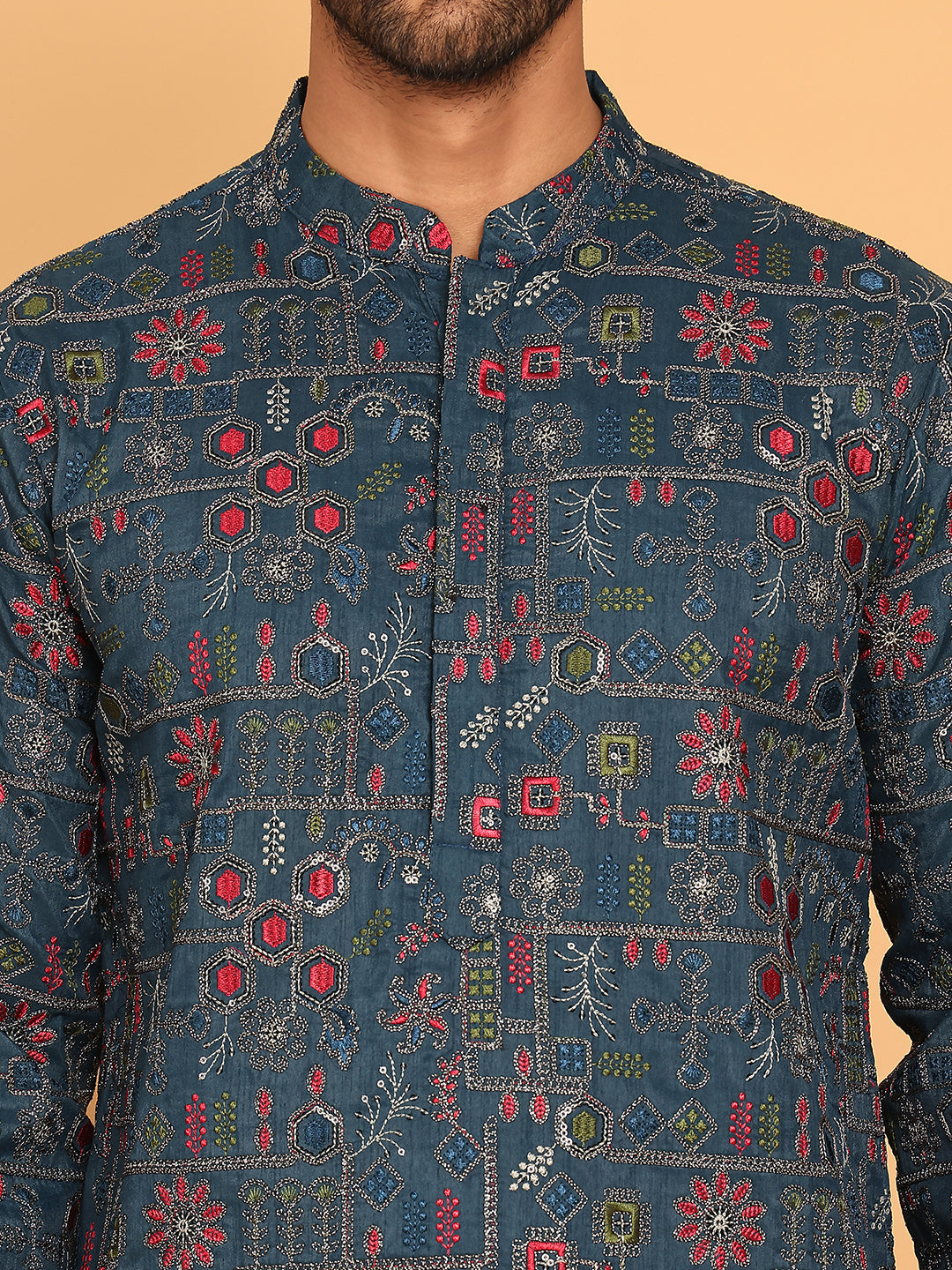 Blue Embroidered Straight Kurtas For Men ( KO 5192 Teal )