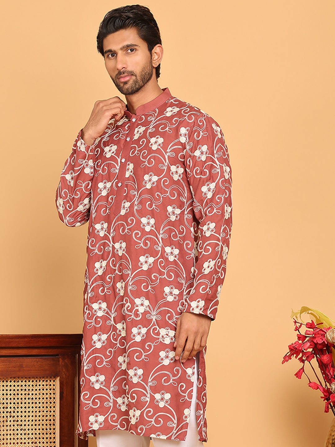 Floral Embroidered Straight Kurtas For Men ( KO 5193 Rust ) [FF] [I-1-4]