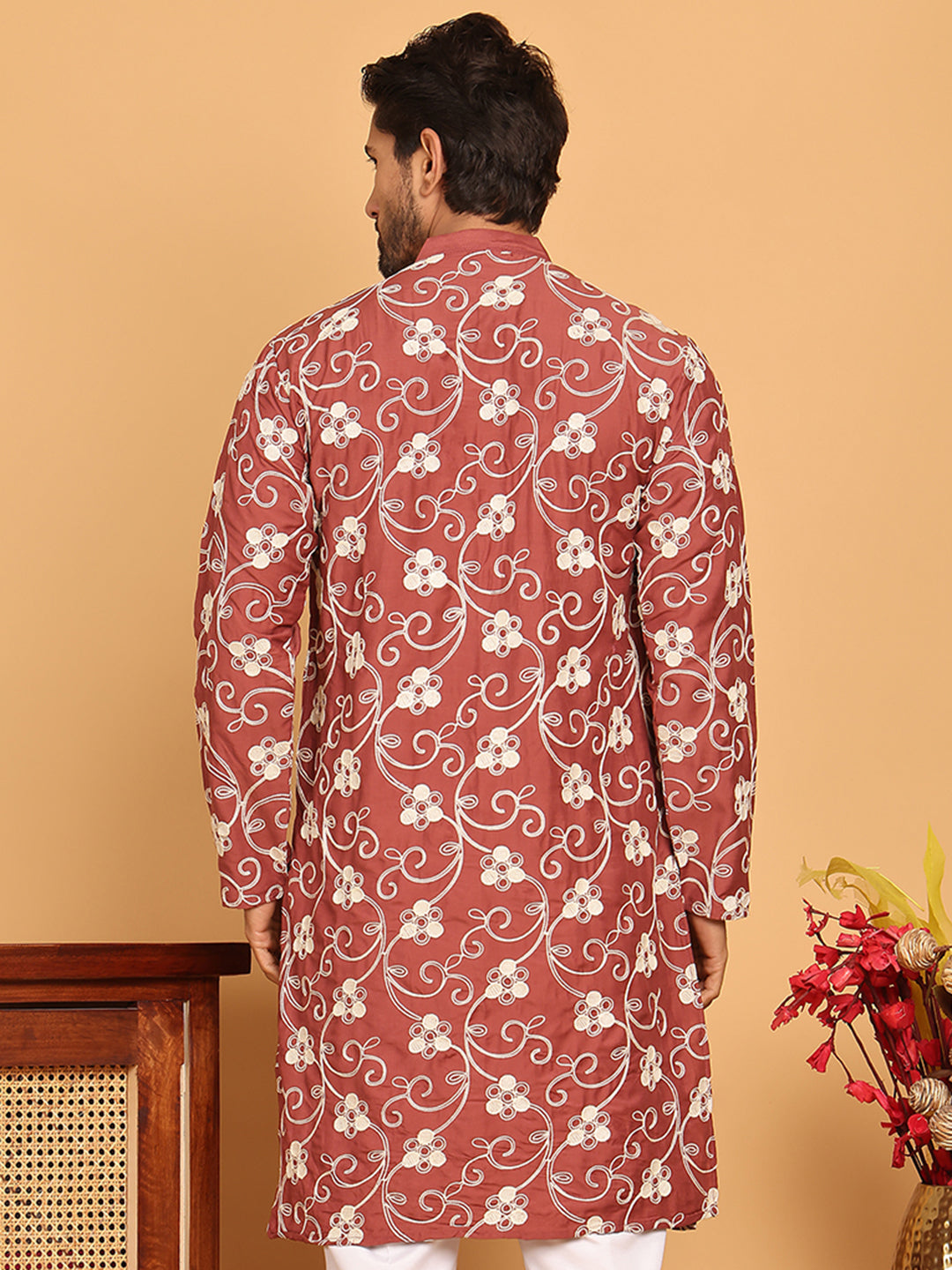 Floral Embroidered Straight Kurtas For Men ( KO 5193 Rust ) [FF] [I-1-4]