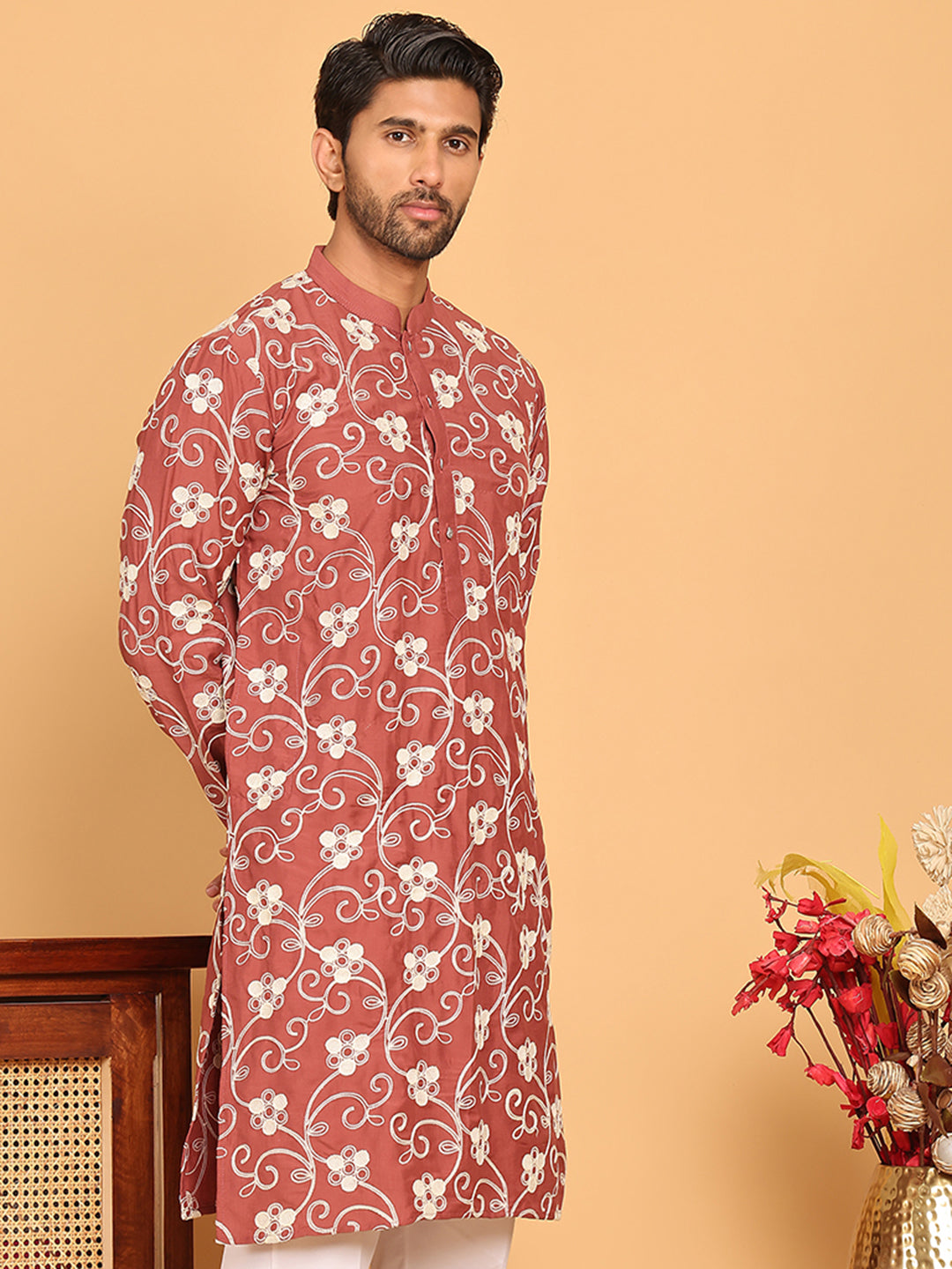 Floral Embroidered Straight Kurtas For Men ( KO 5193 Rust ) [FF] [I-1-4]
