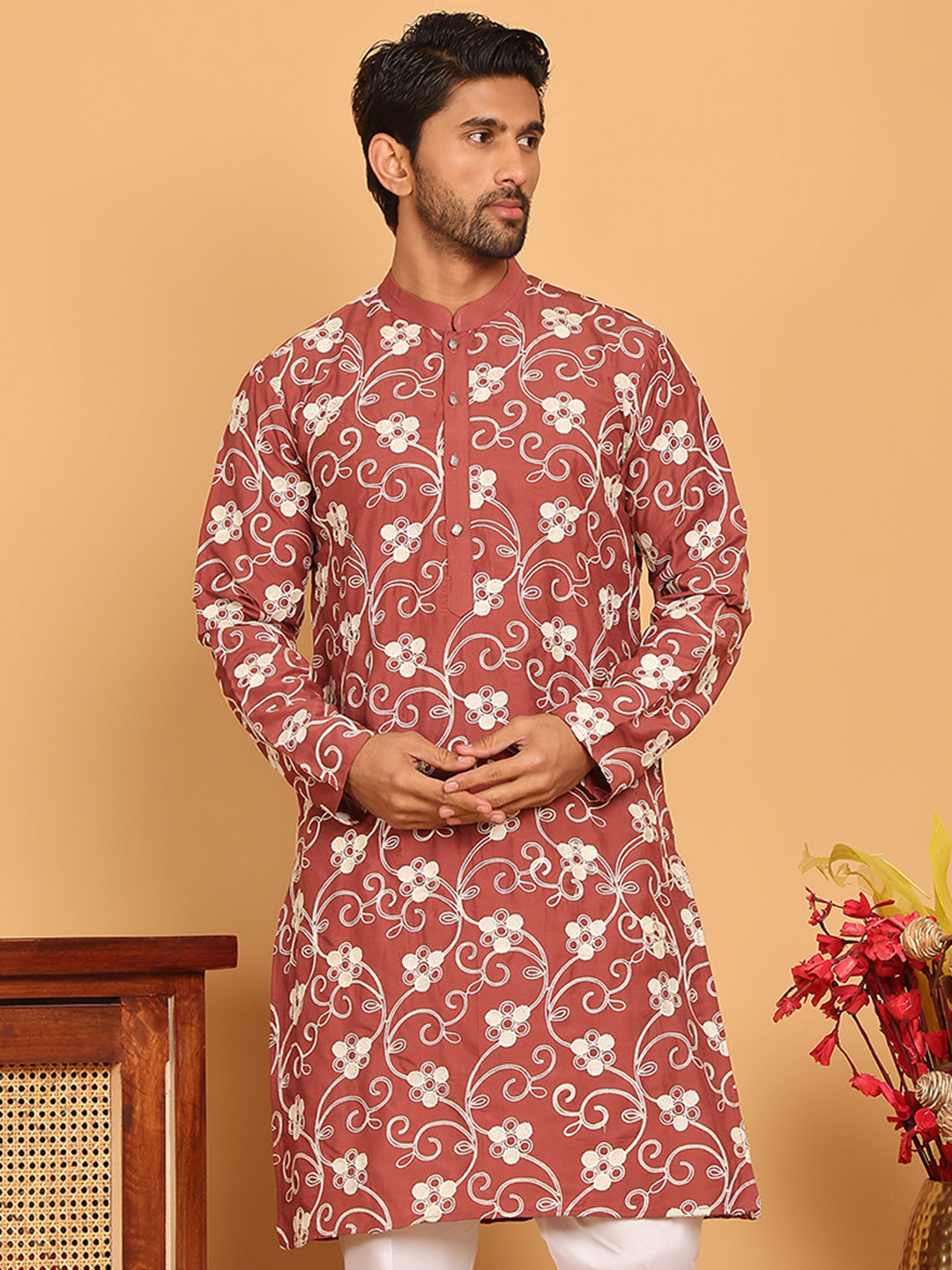 Floral Embroidered Straight Kurtas For Men ( KO 5193 Rust ) [FF] [I-1-4]